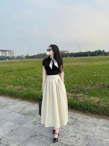 VGU0806 - SET ÁO THUN ĐEN + CHÂN VÁY DÀI KÈM KHĂN (3MÓN)