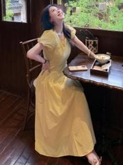 TQ4440 - ĐẦM DÀI ĐÚP LÓT CỔ VUÔNG MÀU VÀNG