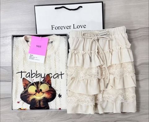 VGU0832 - SET ÁO REN IN TABBU CAT - CHÂN VÁY TẦNG