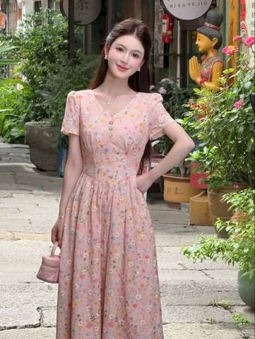 KS1050 - ĐẦM HỒNG HOA NHÍ PHỐI NÚT