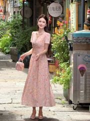 KS1050 - ĐẦM HỒNG HOA NHÍ PHỐI NÚT