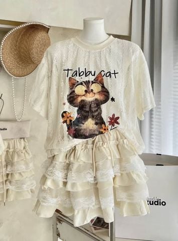 VGU0832 - SET ÁO REN IN TABBU CAT - CHÂN VÁY TẦNG