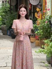 KS1050 - ĐẦM HỒNG HOA NHÍ PHỐI NÚT