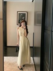 VGU0880 - ĐẦM SÁT NÁCH VIỀN REN DÁNG DÀI MÀU VÀNG