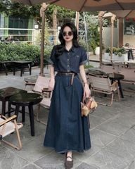 TB8806 - SET JEAN ÁO LOGO THÊU NƠ + CHÂN VÁY DÀI CAO CẤP  ( KÈM NỊT)