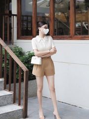 VGU0907 - SET ÁO PHỐI NÚT + QUẦN SHORT NÂU ( KO KÈM NỊT)