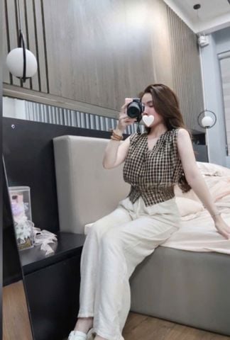 VGU0891 - SET ÁO SÁT NÁCH CARO NÂU + QUẦN DÀI TRẮNG