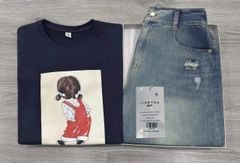 TB8839 - SET ÁO THUN IN BÉ GÁI + QUẦN JEAN NGỐ (XANH ĐEN)