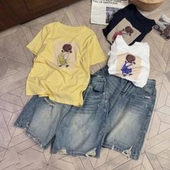 TB8839 - SET ÁO THUN IN BÉ GÁI + QUẦN JEAN NGỐ (XANH ĐEN)