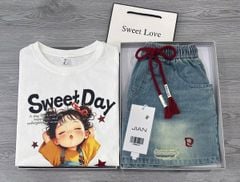 TB8816 - SET ÁO THUN TRẮNG IN BÉ GÁI SWEETDAY + QUẦN SHORT JEAN