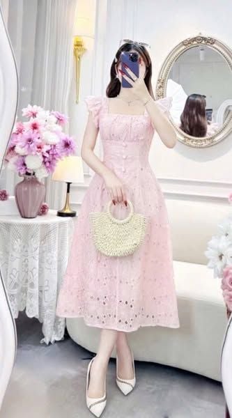 VGU0979 - ĐẦM DÀI XÔ THÊU CÁNH TIÊN (HỒNG)