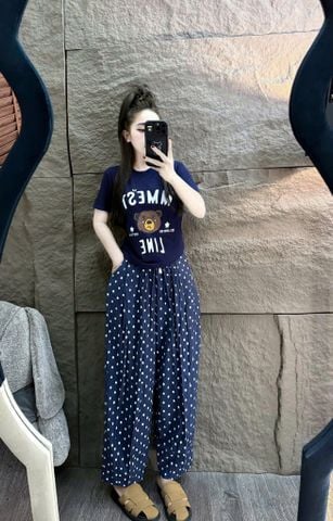 SKY8887 - SET ÁO THUN GẤU MMEST + QUẦN CHẤM BI (FULL XANH ĐEN)