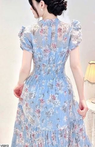 VGU0985 - ĐẦM XÒE DÀI HOA NHÍ PHỐI NƠ (XANH)