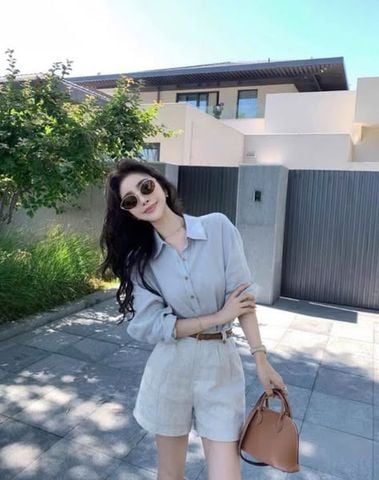 VGU0987 - SET ÁO KIỂU SƠ MI TAY DÀI + QUẦN SHORT PHỐI NÚT (KHÔNG KÈM NỊT)