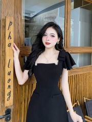 TQ4479 - ĐẦM CỔ VUÔNG ĐEN PHỐI NƠ VAI (KÈM TAG)