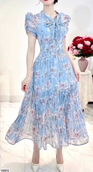 VGU0985 - ĐẦM XÒE DÀI HOA NHÍ PHỐI NƠ (XANH)