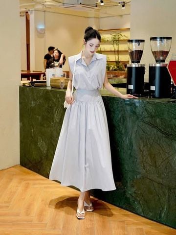 KS1129 - SET ÁO SÁT NÁCH CỔ SƠMI + C.VÁY DÀI SỌC XANH