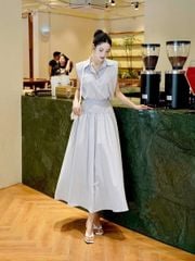KS1129 - SET ÁO SÁT NÁCH CỔ SƠMI + C.VÁY DÀI SỌC XANH
