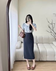 KS1123 - SET ÁO CARO XANH + C.VÁY DÀI