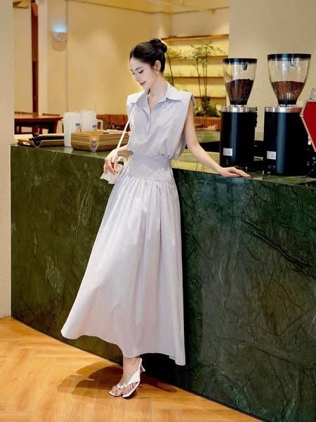 KS1129 - SET ÁO SÁT NÁCH CỔ SƠMI + C.VÁY DÀI SỌC XANH