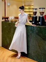 KS1129 - SET ÁO SÁT NÁCH CỔ SƠMI + C.VÁY DÀI SỌC XANH