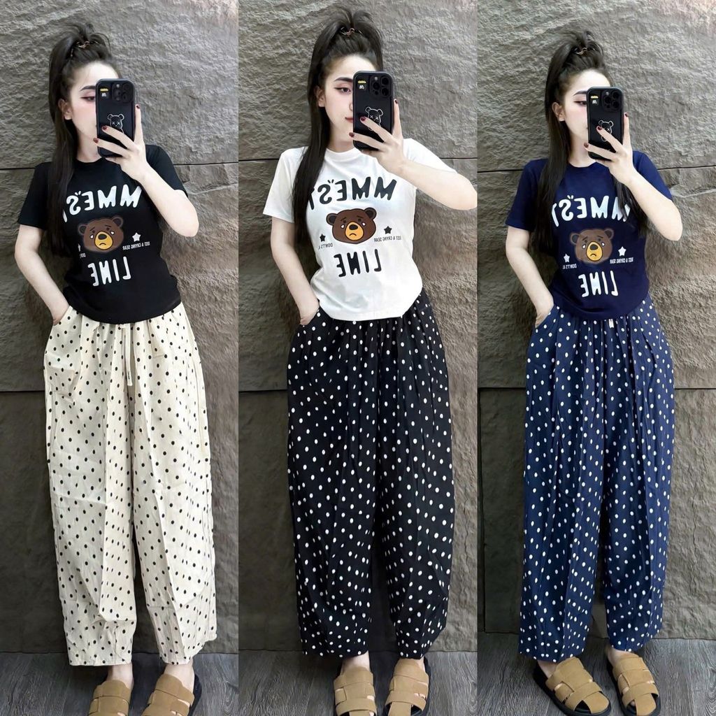 SKY8888 - SET ÁO THUN TRẮNG GẤU MMEST + QUẦN CHẤM BI ĐEN