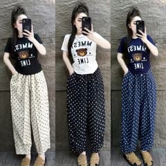 SKY8888 - SET ÁO THUN TRẮNG GẤU MMEST + QUẦN CHẤM BI ĐEN