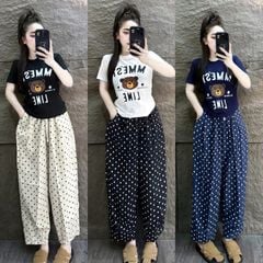 SKY8887 - SET ÁO THUN GẤU MMEST + QUẦN CHẤM BI (FULL XANH ĐEN)