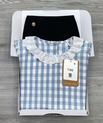 KS1123 - SET ÁO CARO XANH + C.VÁY DÀI