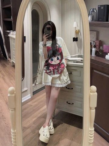 TB8934 - SET HÌNH CÔ BÉ DÂU PHỐI REN - MÀU KEM