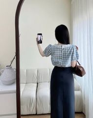 KS1123 - SET ÁO CARO XANH + C.VÁY DÀI