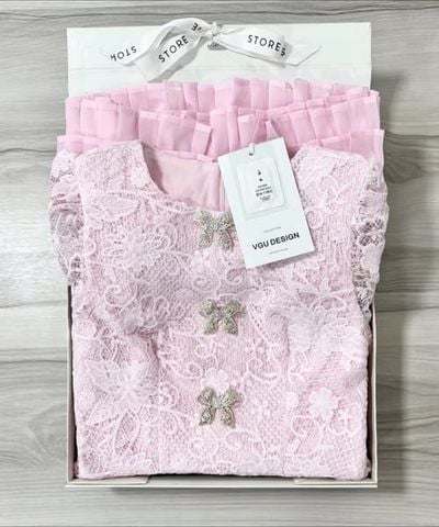 VGU1039 - ĐẦM REN HỒNG PHỐI TAG NƠ NHỎ