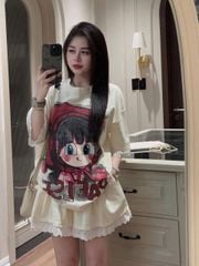 TB8932 - SET HÌNH CÔ BÉ DÂU PHỐI REN - MÀU XÁM