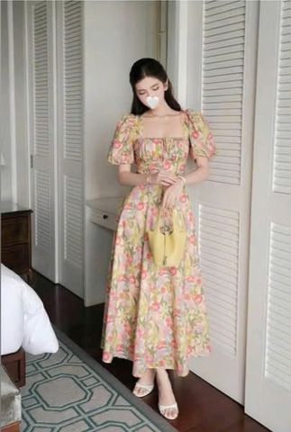 VGU1041 - ĐẦM DÀI HOA CỔ VUÔNG