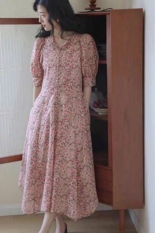 VGU1044 - ĐẦM DÀI SUÔNG HOA NHÍ PHỐI NÚT