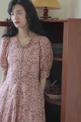VGU1044 - ĐẦM DÀI SUÔNG HOA NHÍ PHỐI NÚT
