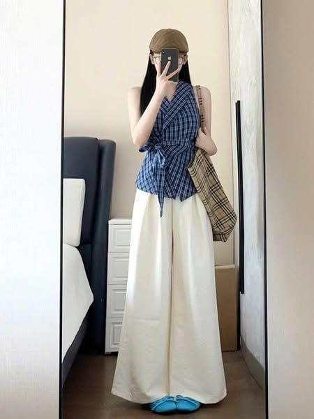 KS1121 - SET ÁO CARO XANH VẠT CHÉO + QUẦN DÀI KEM