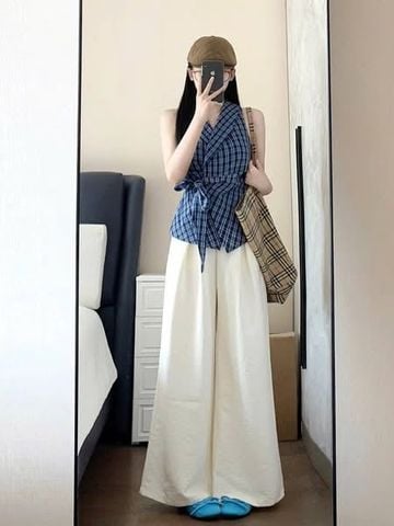 KS1121 - SET ÁO CARO XANH VẠT CHÉO + QUẦN DÀI KEM