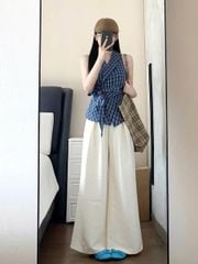 KS1121 - SET ÁO CARO XANH VẠT CHÉO + QUẦN DÀI KEM