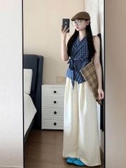 KS1121 - SET ÁO CARO XANH VẠT CHÉO + QUẦN DÀI KEM