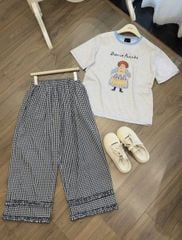 KS1151 - SET ÁO THUN XÁM BONNE ANNÉE + QUẦN DÀI CARO ĐEN