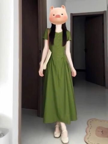VGU1104 - ĐẦM DÀI PHỐI NÚT (XANH LÁ)