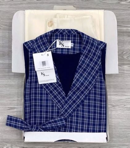 KS1121 - SET ÁO CARO XANH VẠT CHÉO + QUẦN DÀI KEM
