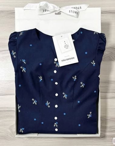VGU1105 - ĐẦM DÀI HOA NHÍ PHỐI CHẤM BI TRƯỚC (XANH ĐEN)