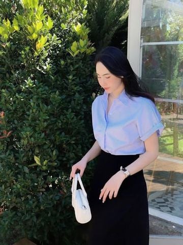 KS1150 - SET ÁO SƠ MI XANH + CHÂN VÁY DÀI XẺ TÀ