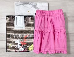 VGU1073 - SET ÁO THUN CÚN SỌC NÂU SWEET TEA + CHÂN VÁY NGẮN HỒNG