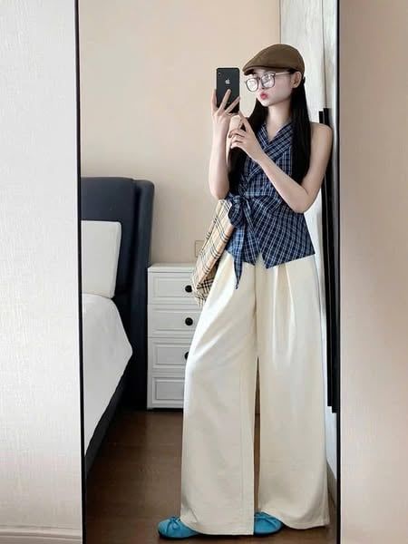 KS1121 - SET ÁO CARO XANH VẠT CHÉO + QUẦN DÀI KEM
