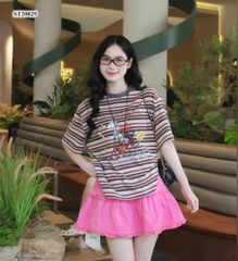 VGU1073 - SET ÁO THUN CÚN SỌC NÂU SWEET TEA + CHÂN VÁY NGẮN HỒNG