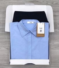 KS1150 - SET ÁO SƠ MI XANH + CHÂN VÁY DÀI XẺ TÀ