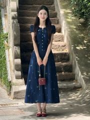 VGU1105 - ĐẦM DÀI HOA NHÍ PHỐI CHẤM BI TRƯỚC (XANH ĐEN)